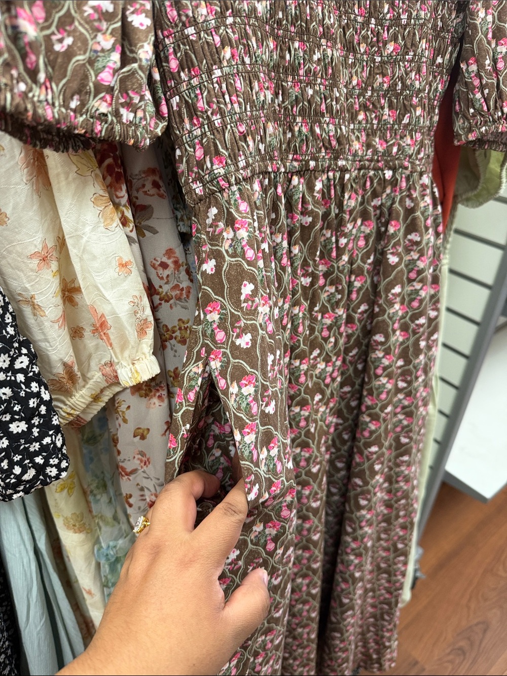 Smocked Puff Sleeve Maxi Dress in Brown with Pink Floral - Picture 4 of 4